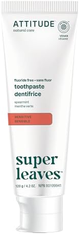 Attitude Fluoride-Free Sensitive Toothpaste, Spearmint Flavor, Vegan & Cruelty-Free, Sugar-Free, Plant & Mineral-Based Ingredients, Clean Oral Care, 4.2 Oz