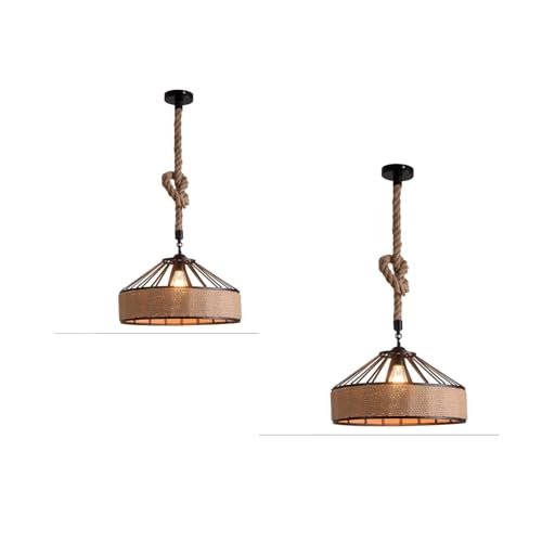 Image of LEDSone Hemp Rope Pendant Light 2 Pack - 40cm Rattan Wicker Ceiling Light, E27 Fitting, 1m Adjustable Rope, Vintage Boho Farmhouse Style - Kitchen Dining Room Bedroom Living Room