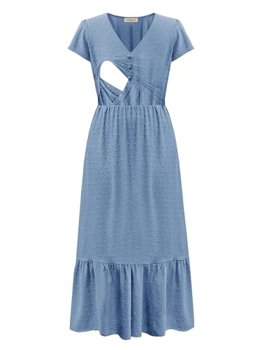 Image of CzzzyL Women Nursing Boho Maxi Dresses Cap Short Sleeve V Neck Swiss Dot High Waisted A-Line Ruffle Tiered with Pockets