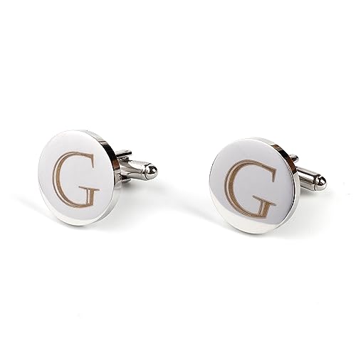 Image of Mens Initial Silver Cufflinks A-Z Alphabet Letter Steel Cuff Links with Engraved Walnut Wood Box Groom Groomsman Wedding Set