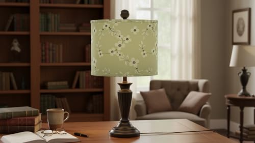 Image of Aspen Creative 31102 Transitional Drum (Cylinder) Shaped Spider Construction Lamp Shade in Tea Green with White Flowers Print Fabric, 12 inch Wide (12 inch x 12 inch x 10 inch)