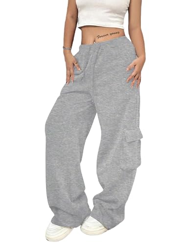 SOFIA'S CHOICE Women's Drawstring Cargo Sweatpants High Waist Wide Leg Fleece Lined Pants with Pockets3