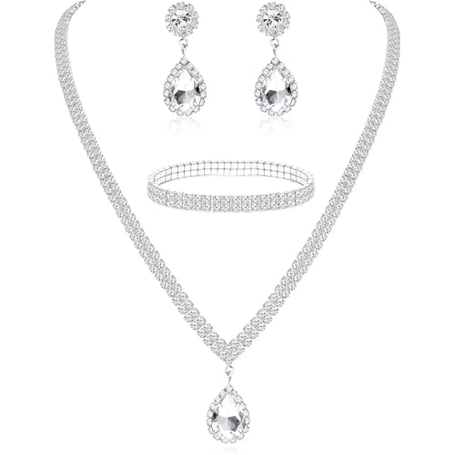 Kit Conjunto de Joias Femininas Luxo com Colar, Brincos e Pulseira em Strass Formato Gota de Água | Acessórios Elegantes para Noiva, Casamento, Festa, Madrinha e Formatura
