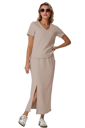 Image of GRECERELLE Women Summer Casual 2 Piece Sets V-Neck Wrinkle-Free Top & Elastic Waist Midi Side Slit Skirt with Pockets
