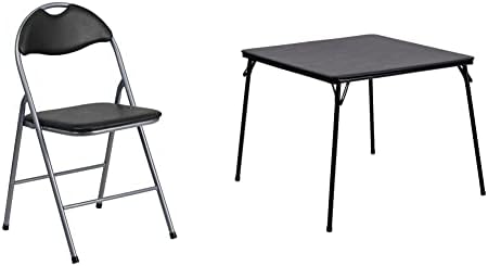 Flash Furniture 4 Pack Hercules Series Black Vinyl Metal Folding Chair with Carrying Handle & Folding Card Table - Black Foldable Card Table Square - Portable Table with Collapsible Legs