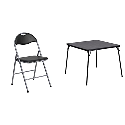 Flash Furniture 4 Pack Hercules Series Black Vinyl Metal Folding Chair With Carrying Handle & Folding Card Table - Black Foldable Card Table Square - Portable Table With Collapsible Legs #TOP6