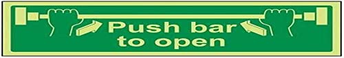 V Safety Glow In The Dark Push Bar To Open Door Sign - 450mm x 150mm - Self Adhesive Vinyl