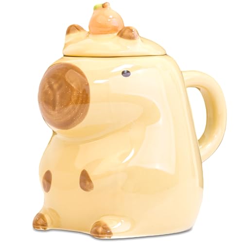 ZONSUSE Taza Divertida Capybara, Taza de Carpincho con Tapa, Taza de Cerámica 3D, Taza de Café Capibara,Linda Taza de Capuchino, Regalos para Niños y Niñas 450ml (Capybara con Empaque Irrompible)