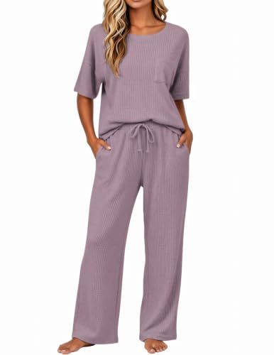 Image of JiniGolla Womens Pajama Sets Waffle Knit Short Sleeve Shirt with Long Pajama Pants Soft Sleepwear Pj Lounge Sets