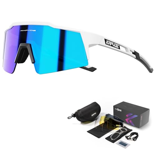 KAPVOE Polarizzati Occhiali Da Ciclismo Con 4 Lenti Intercambiabili TR90 Sport Occhiali Da Sole Donne Uomini Corsa Mtb Bicicletta Accessori 03 Blu Bianco