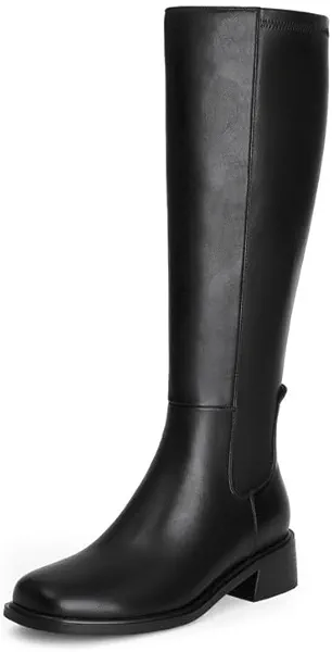 QIY Knee High Boots Women Faux Leather Elastic Boots Low Heel Square Toe Side Zipper Fall Long Tall Boots for Women