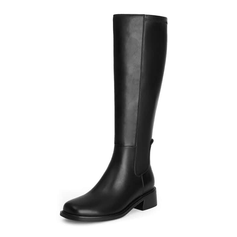 QIY Knee High Boots for Women Low Heel Flat Tall Boots Stretch Boots, Chunky Heel Womens Boots, Square Toe Heeled Fall Winter Dress Riding Long Boot with Side Zipper