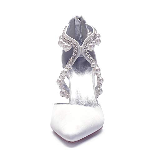 Pearl Mid Heel Shoes for Women Pointed Toe Straps Rhinestone Satin Wedding Bridal Evening Party Dress Shoes3