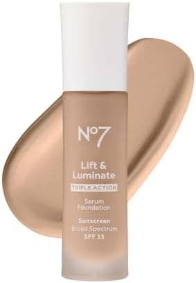 No7 Lift & Luminate Triple Action Serum Foundation - Liquid Makeup with SPF 15 for a Dewy, Glowy Base - Radiant Formula for Mature Skin - Cool Ivory (1 Fl Oz)