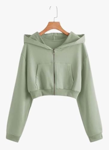 Image of Rabboni Women's Crop Fleece Hoodie Jacket | Full Sleeve Zip-Up Hooded Sweatshirt for Women & Girls | Soft Warm Casual Winter Wear Crop Hoodie