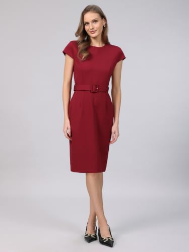 Image of Hobemty Women's Knee Length Pencil Dress Cap Sleeve Belted Wear to Work Sheath Dresses