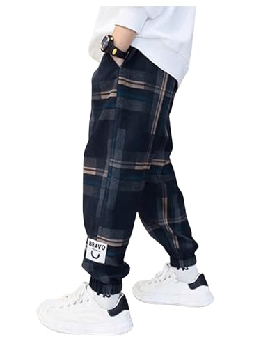 SweatyRocks Boy's Casual Plaid Pants Elastic High Waist Joggers Pants with Pockets3