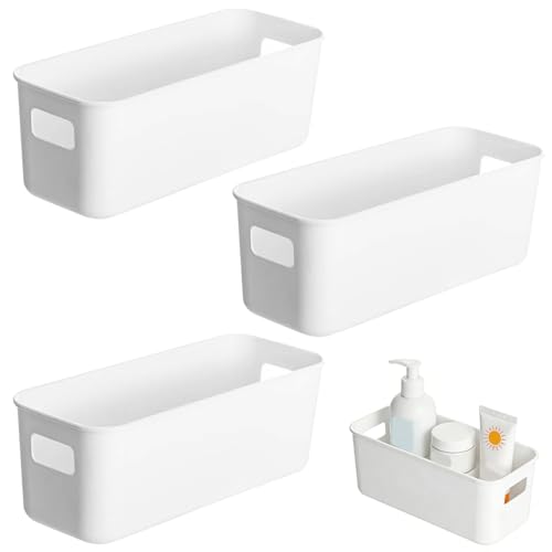 3 Stück Weiße Kunststoff Organizer Box mit Griff 27 X 10,5 X 9,5 cm, Aufbewahrungsbox Schmal PP Kunststoff, Aufbewahrungsbox Klein Stapelbare für Spielzeug, Kosmetika, Dokumente, Getränke, Vieles Mehr