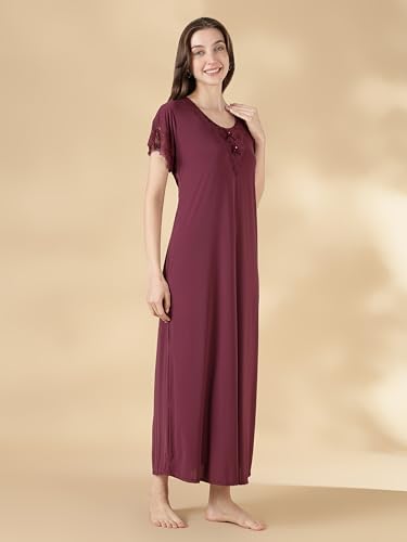 Image of 9shines Label Stylish Soft Modal Maxi Nighty | Honeymoon Nighty | Full Length Trendy Nightgown | V-Neck Lace | Premium Nightdress | Soft Long Nightdress | Maxi Gown Nightwear for Women (Malai Satin)