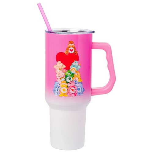 Image of Silver Buffalo Care Bears Watercolor Heart Ombre Double Walled Stainless Steel Tumbler with Handle and Straw, Fits in Standard Cup Holder, 40 Ounces