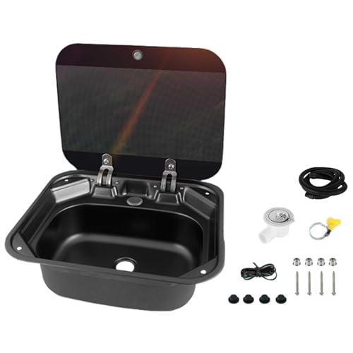 qingshenyi 小型 RV用シンク ステンレスシンク 折りたたみ式蛇口と蓋付きキャンピングカー キット アクセサリー バー用 耐久性 (ブラックシンク(半透明カバー))