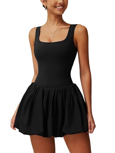 ABOCIW Womens Bubble Tennis Dress Squre Neck Sleeveless Workout Golf Athletic Dresses Build in Shorts with Pockets