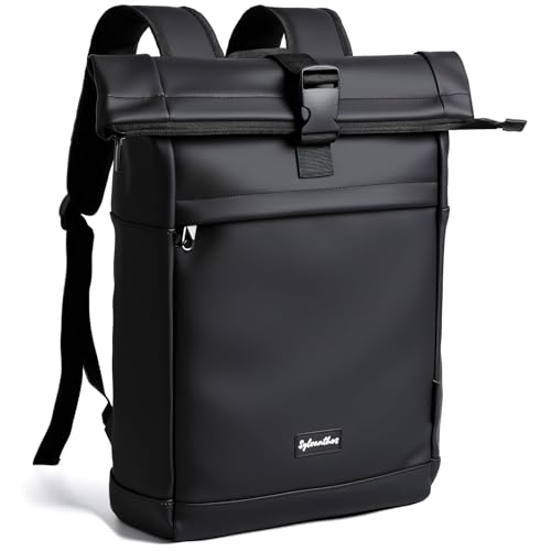 Sylvanthos Wasserdicht Rucksack, Laptop Rolltop Rucksack für Herren & Damen Mit Diebstahlsichere Reißverschluss, Erweiterbar (18-25L) Rolltop Rucksack für Reisen, Arbeit, Schule and Business - Schwarz