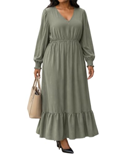 Women's Army Green Puff Long Sleeve Empire Waist Flowy Pockets Maxi Dress - image 1
