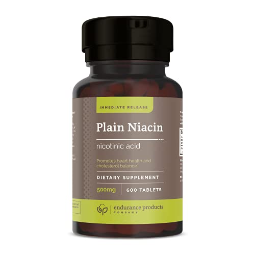 Plain Niacin - 500mg Immediate Release Niacin with Flush (Vitamin B-3) - Nicotinic Acid 600 Tablets - Non-GMO, Vegan, Gluten Free - Endurance Products Company