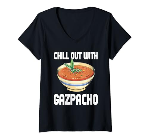 Mujer Relájate con el humor de sopa de tomate frío con disfraz de gazpacho Camiseta Cuello V
