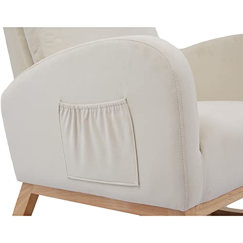 Setawix Rocking Chair For Nursery, Midcentury Modern Velvet Accent Rocker Armchair With Side Pocket, Upholstered High Back Wooden Rocking Chair For Living Room Baby Room Bedroom, Beige #TOP6