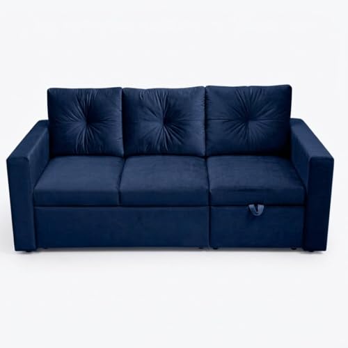 Image of FURNY Tira 4 Seater RHS Lounger Sofa Cum Bed (Dark Blue) with Pull-Out Function | Luxury Velvet Suede Finish | Durable Comfort | Ideal for Living Room
