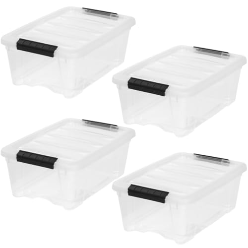 IRIS USA 4-Pack Storage Bins with Lids, 13 Quart, Made in USA Stackable See-Through Organizing Solution Latches Durable Nestable Containers Secure Pull Handle, BPA-Free Plastic