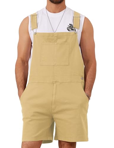 YXLUOKY Overall Shorts for Men Stretchy Romper Work Jumpsuits Bibs Coveralls Overol Para Hombre(Khaki L)