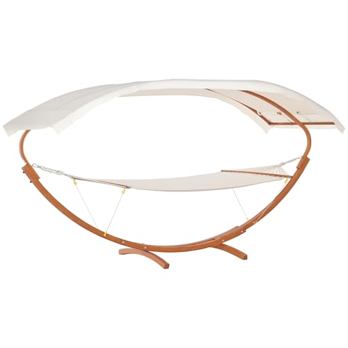 Outsunny 2 Person Wood Swing Arc Hammock Bed and Stand Set with Canopy, White/Teak