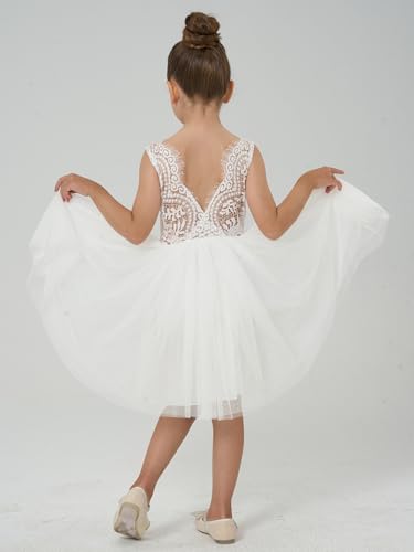 Image of 2Bunnies Girl Peony Lace Back A-Line Straight Tutu Tulle Party Flower Girl Dress