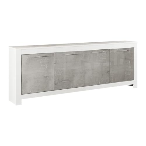 AltoBuy Denae - Buffet 4 Portes L207cm Laqué Blanc Brillant et Gris Marbré