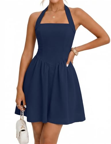 MEROKEETY Womens Summer Halter Neck Mini Dress 2026 Cute Ruched Waist A-line Flowy Cocktail Party Graduation Short Dresses Navy Medium
