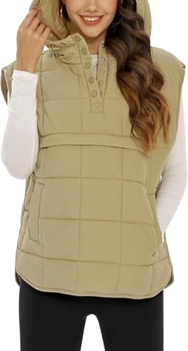 Women's Hoodie Puffer Vest Oversized Quilted Pullover Jacket Sleeveless Packable Coat with Pockets