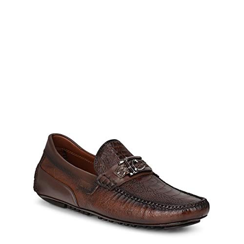 FRANCO CUADRA Exotic Brown Leather Driver Loafers, Ostrich Leg and Bovine Leather, Monogram Hardware