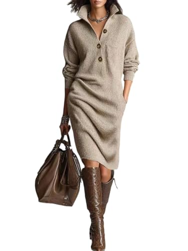 Vestido de invierno de punto acanalado de gran tamaño con botones y cuello alto para mujer, vestido casual de manga larga con bolsillo, caqui, L