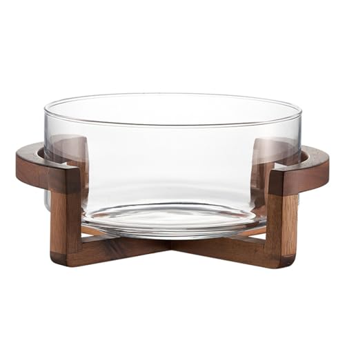 DEJIN Ensaladera De Vidrio Transparente Con Base De Madera Móvil, Resistente Al Calor, for Servir Frutas Y Verduras, Fácil De Limpiar for Fiestas