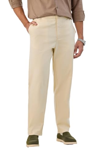 Image of SNITCH Men Casual Trousers| Baggy Fit Mid Rise Solid Plain Front Style | Breathable Cotton Blend & Lightweight Linen Fabric for Summer & Everyday Outings