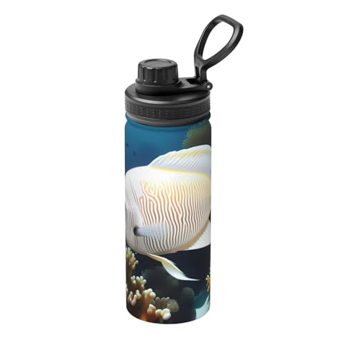 Pmhmer White-Golden Fish - Botella de agua deportiva aislada de 18 onzas, ligera y a prueba de fugas, adecuada para viajes de fitness al aire libre, simple y elegante.