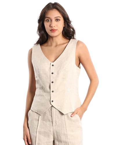 Womens Pure Linen Sleeveless Button Down Geometric Cropped Vest V Neck Waistcoat Vest2