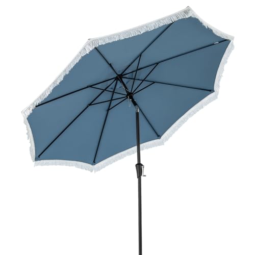 COSTWAY 9FT Garden Parasols with Fringe, Sun Protection Sunshade Shelter with Push Button Tilt, Crank, 8 Ribs and Vented Top, Outdoor Waterproof Tassel Umbrella for Garden Lawn Poolside (Navy)