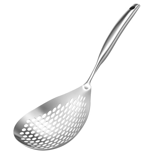 PTMTFYL Skimmer Slotted Spoon, 15 inch 304 Stainless Steel Cooking Colander, Skimmer Ladle, Pasta Strainer Spoon with Long Handle and Hanging Holes for Kitchen Cooking Frying Draining