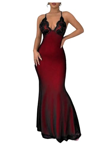 Verdusa Women's Y2k Floral Lace Mesh Sheer Cami Dress Criss Cross Backless Fishtail Maxi Dresses Red Small