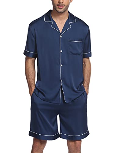Image of Ekouaer Mens Satin Pajamas Set Button-Down Short /Long Sleeve Shirt Top Soft Silk Sleepwear Loose Pocket Pant Loungewear