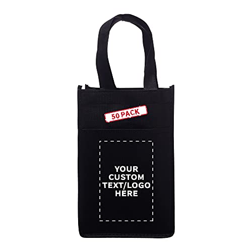 DISCOUNT PROMOS Custom Two Bottle Wine Bags Set of 10, Personalized Bulk Pack - Gift Bag, Tote Bag, Wine Carrier, Bottle Holder, Non- Woven, Reusable - Black